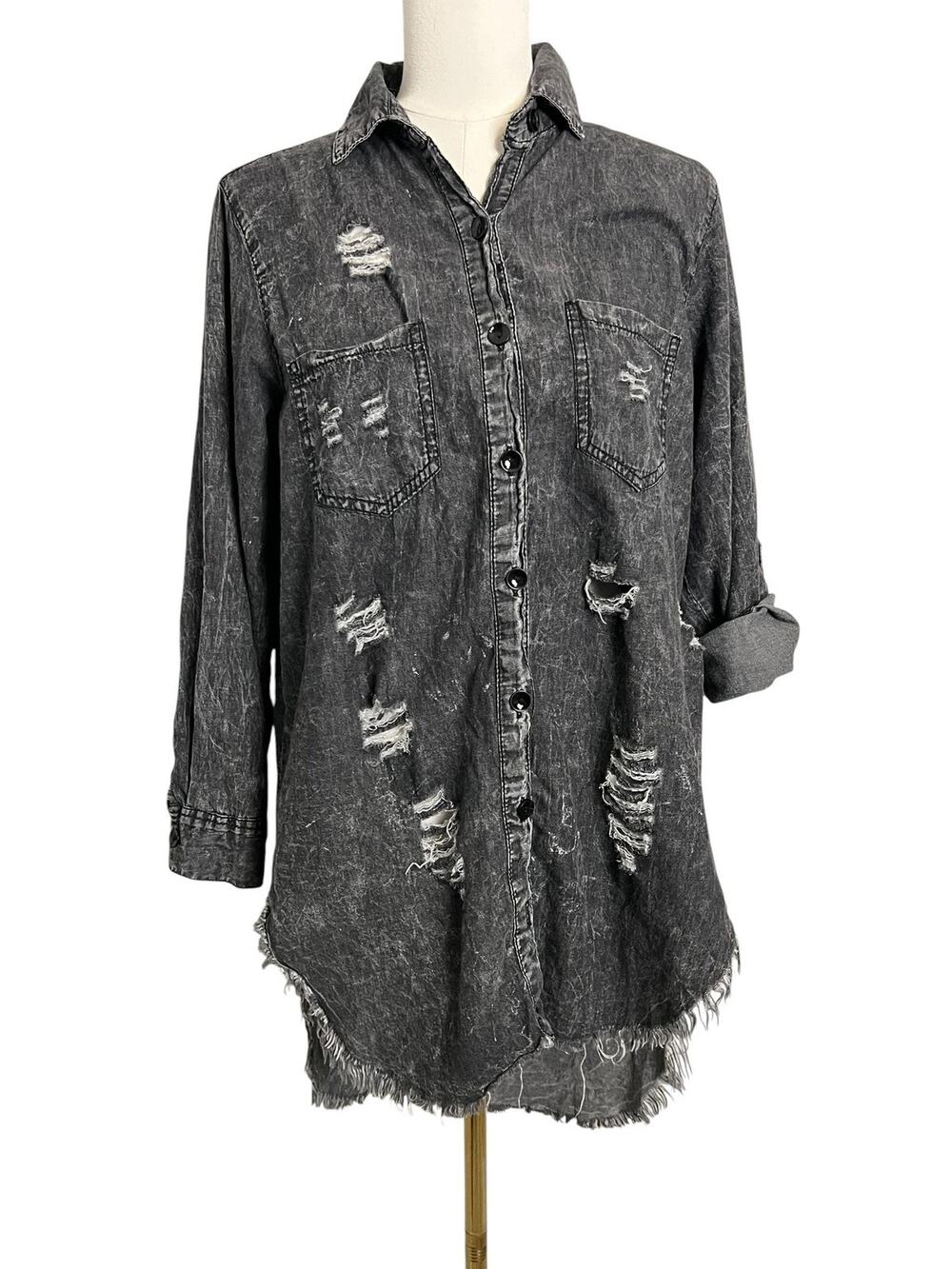 Thrill Jeans Shirt Dress Womens Large Gray Distressed Blessed Grateful Thankful - Picture 1 of 9